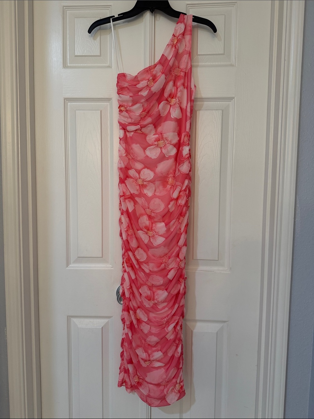 Hello Molly Coral Pink One-Shoulder Floral Ruched midi dress